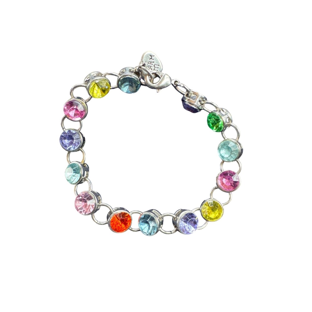 Charm Silver Tone Multi Color Rhinestone Heart Charm Bracelet
